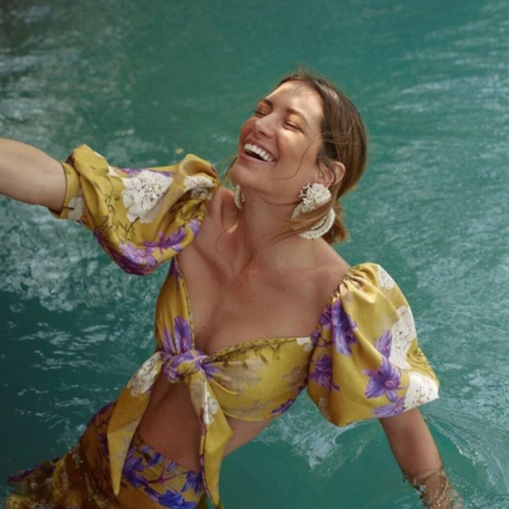 Eugenia Fernández Green Floral Tie-Front Puff-Sleeve Crop Top